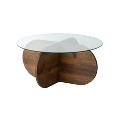 Table basse design Venas D75cm Pin massif foncé et Verre trompé Transparent