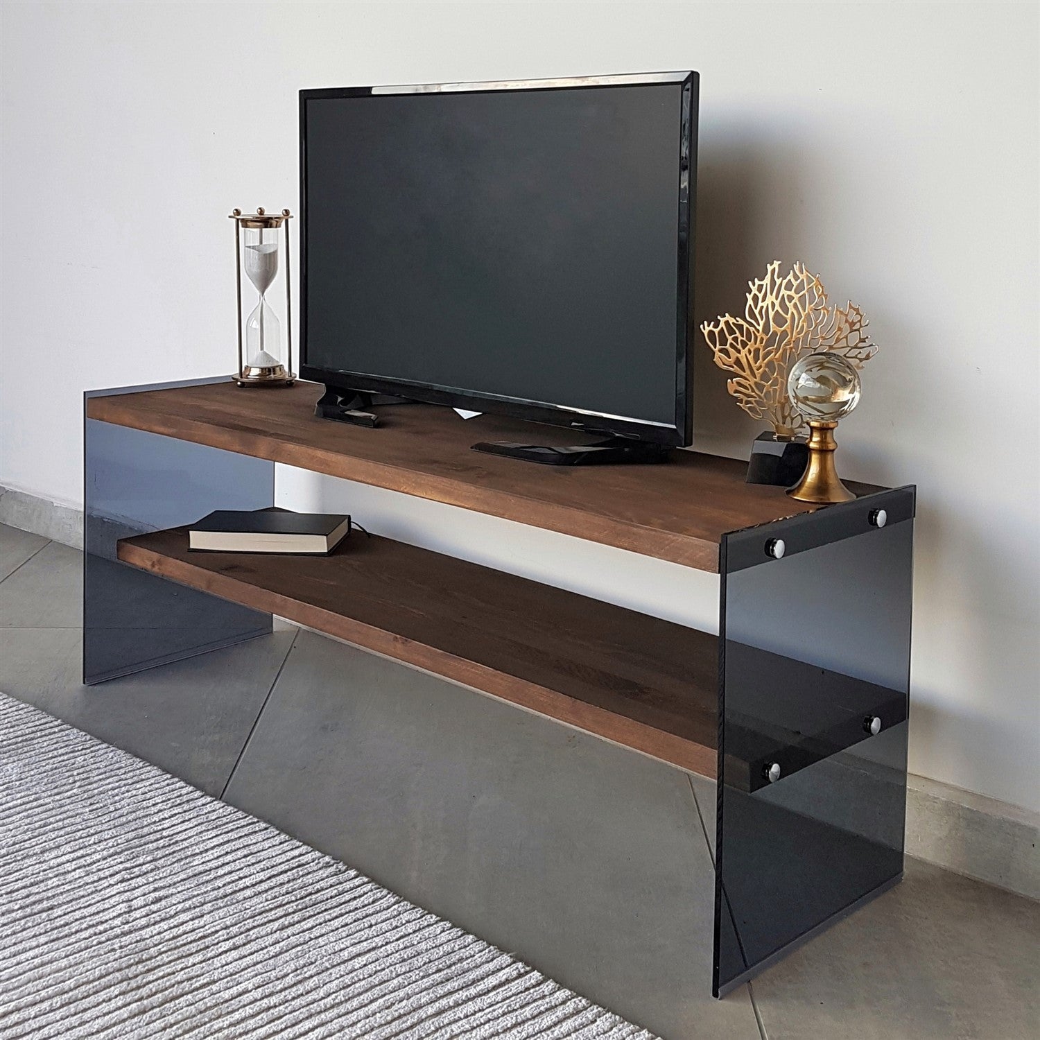 Meuble TV 2 tablettes avec 2 étagères murales Doris L120cm Bois massif foncé et Verre trempé Fumé Noir