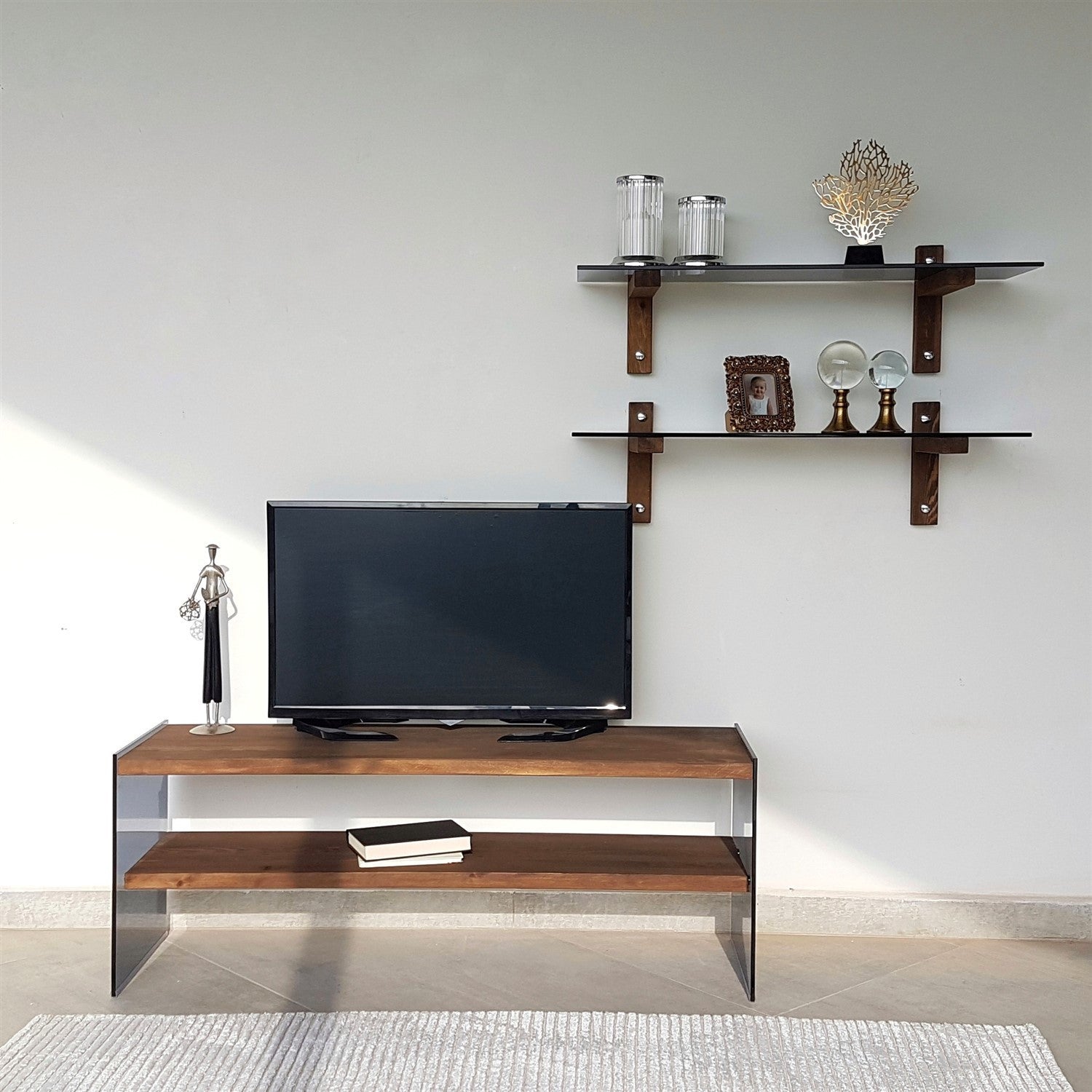 Meuble TV 2 tablettes avec 2 étagères murales Doris L120cm Bois massif foncé et Verre trempé Fumé Noir