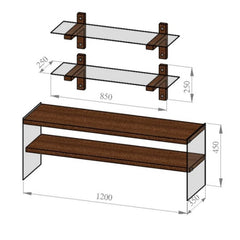 Meuble TV 2 tablettes avec 2 étagères murales Doris L120cm Bois massif foncé et Verre trempé Fumé Noir