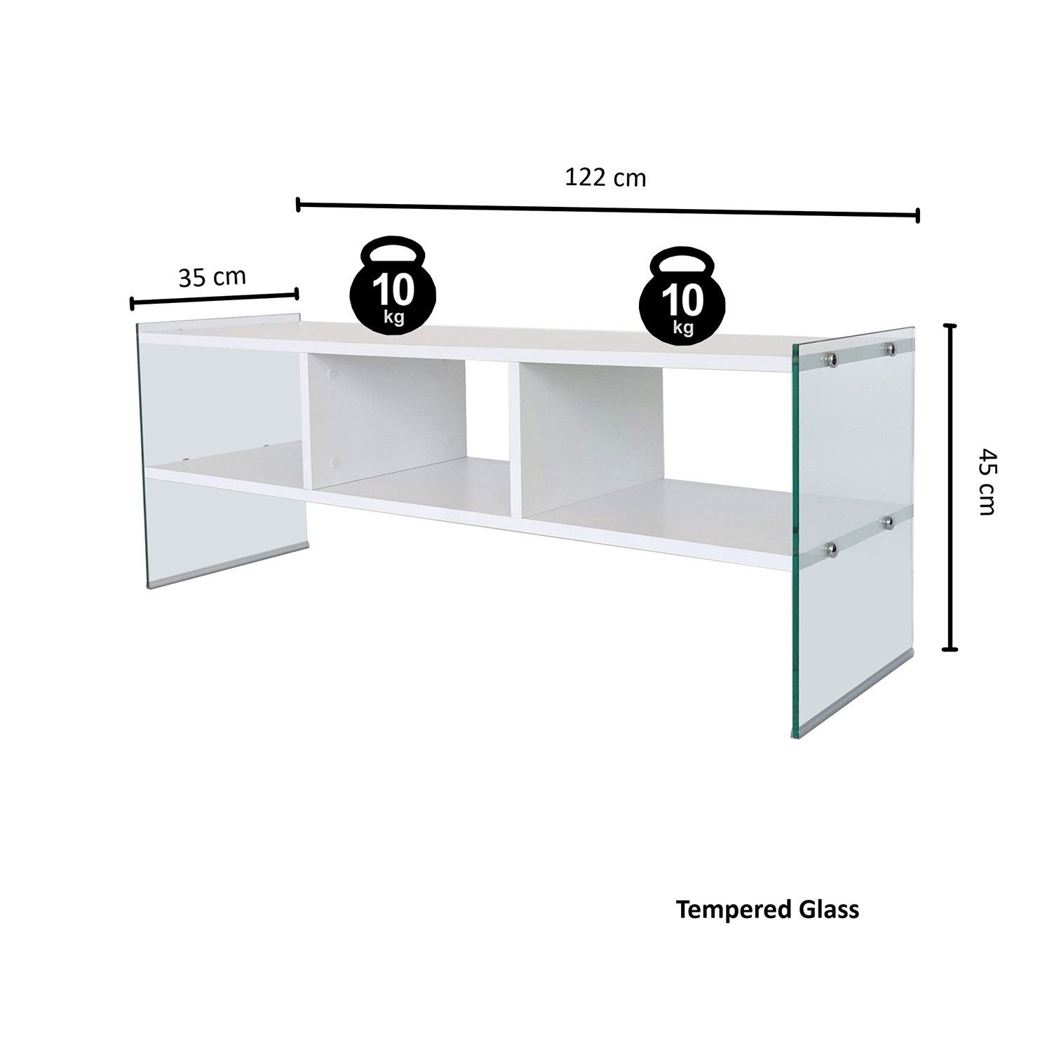 Meuble TV 3 étagères Doris L120xH35cm Bois Blanc et Verre trompé Transparent