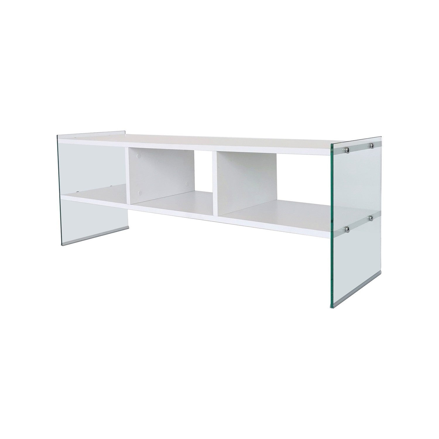 Meuble TV 3 étagères Doris L120xH35cm Bois Blanc et Verre trompé Transparent