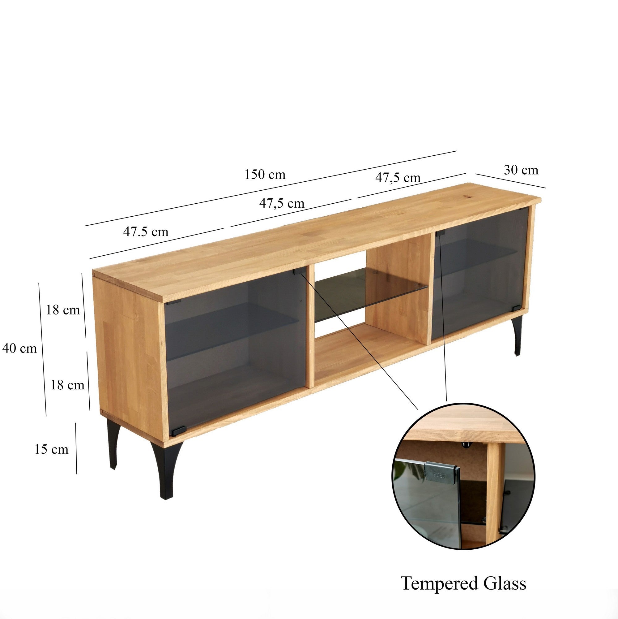 Meuble TV moderne 2 portes vitrées Verre fumé, Bois massif Naturel et Métal Noir