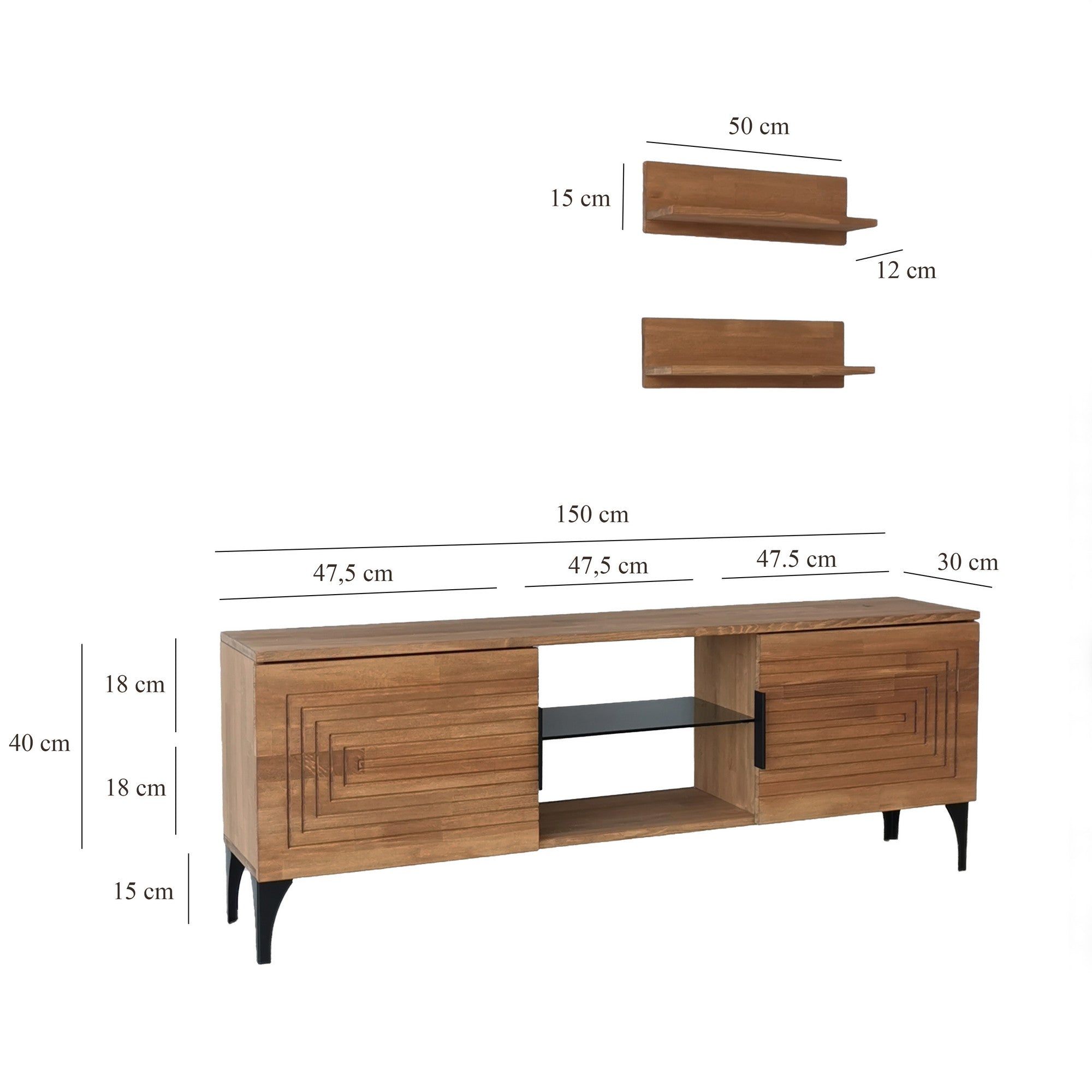 Ensemble meuble TV et 2 étagères murales Belis Bois massif Chêne clair Motif Rectangles en relief