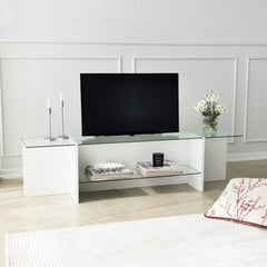 Meuble TV Melar L158cm Bois Blanc et Verre Transparent