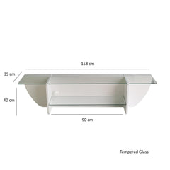 Meuble TV Sunac L158cm Verre Transparent et Bois Blanc