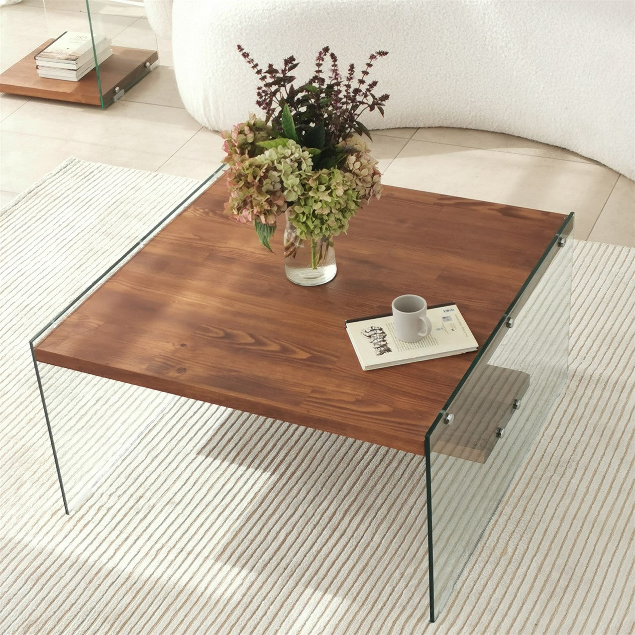 Table basse carré Wako 75x75cm Bois massif foncé et Verre Transparent