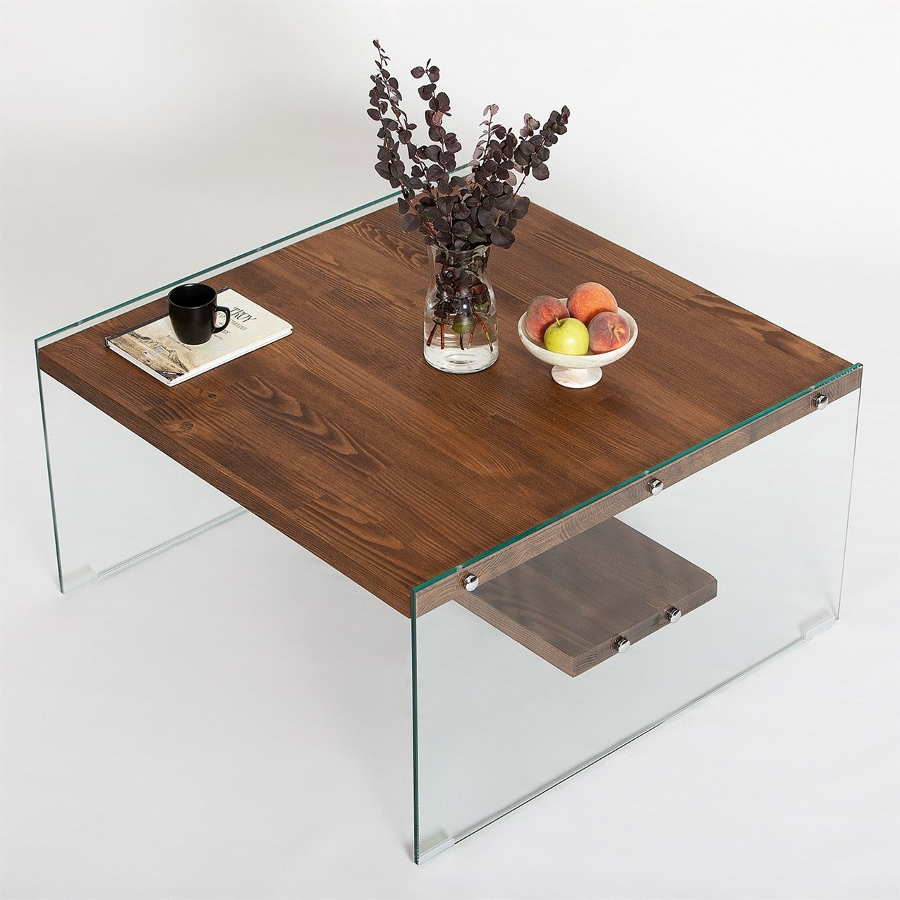 Table basse carré Wako 75x75cm Bois massif foncé et Verre Transparent