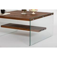 Table basse carré Wako 75x75cm Bois massif foncé et Verre Transparent