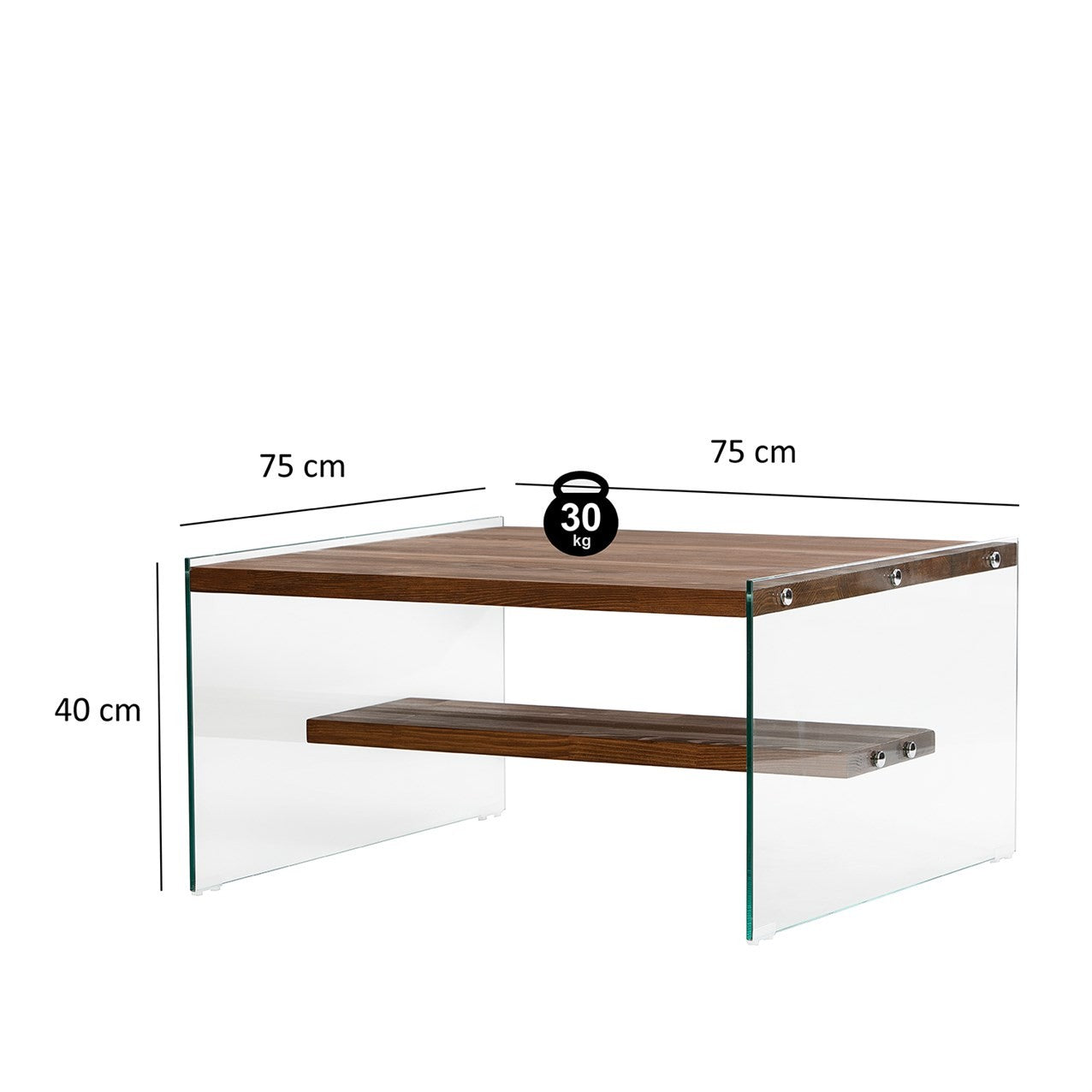 Table basse carré Wako 75x75cm Bois massif foncé et Verre Transparent