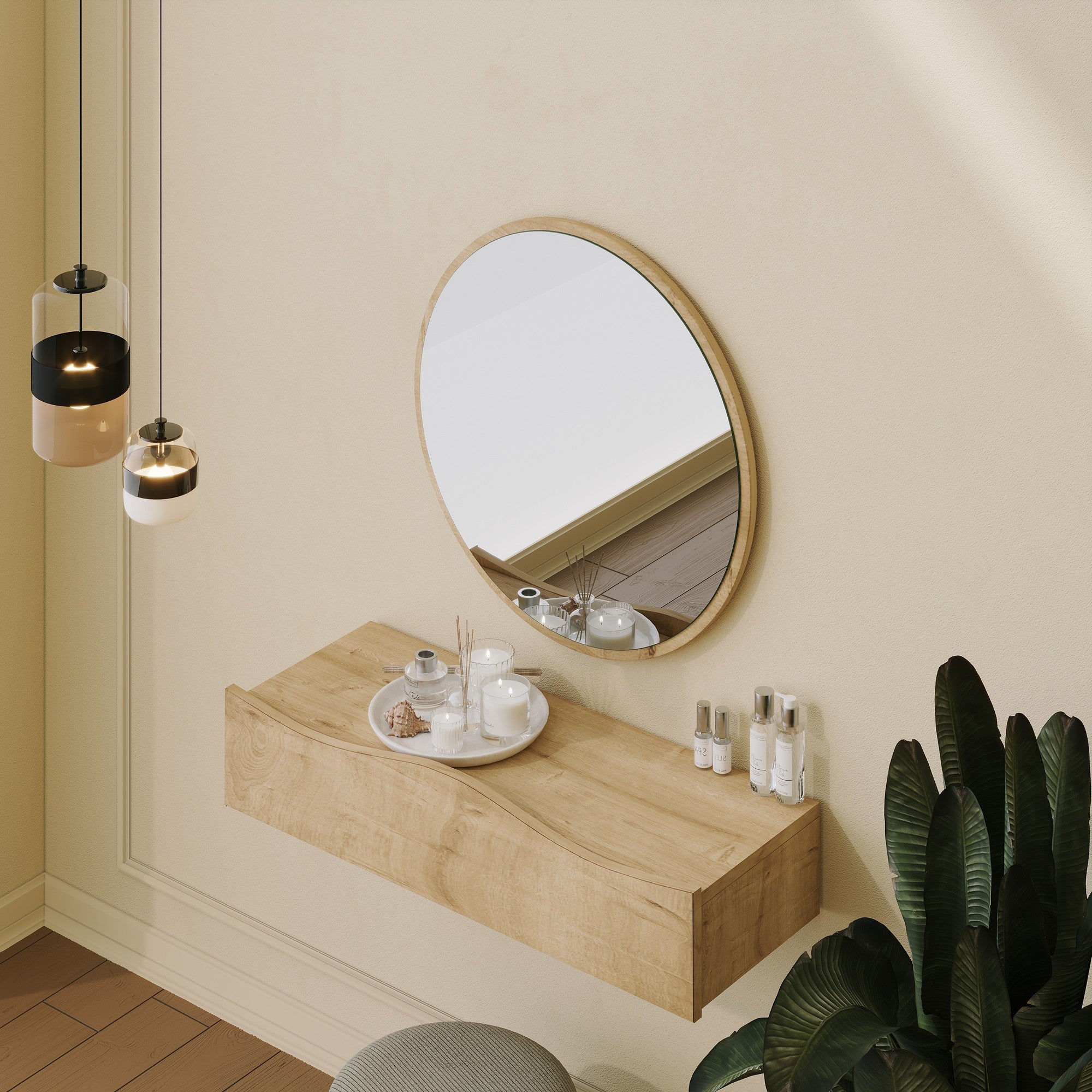 Coiffeuse murale L80cm avec miroir D60cm Serane chêne clair