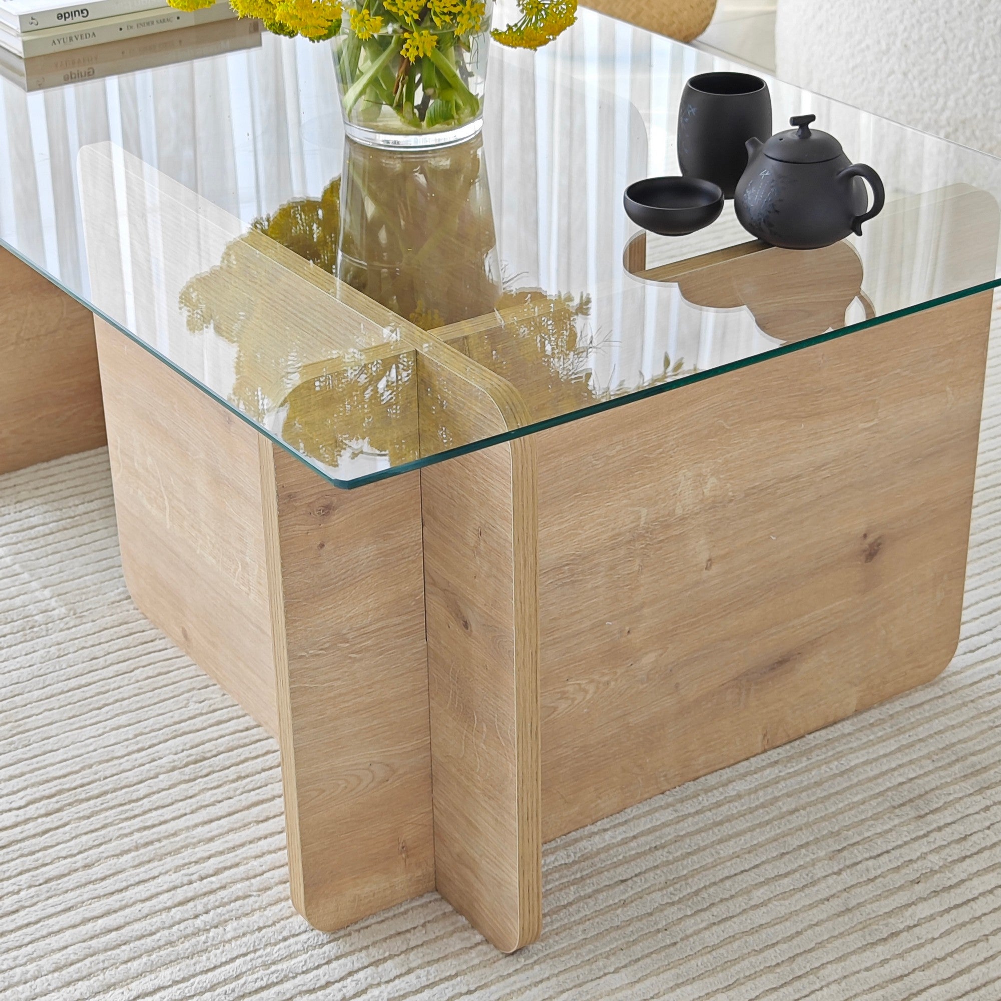 Table basse design Gelpio 150x65cm Bois clair et Verre Transparent