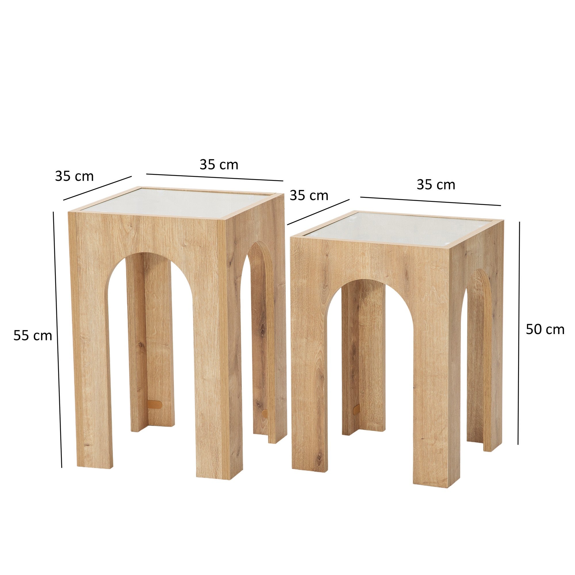 Set de 2 tables d'appoint Vittina Bois Chêne clair et Verre fumé Transparent