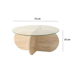 Table basse ronde design Helvya D75cm Verre Transparent et Effet travertin Beige