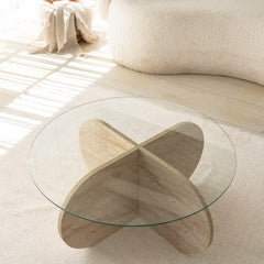 Table basse ronde design Helvya D75cm Verre Transparent et Effet travertin Beige