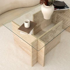 Table basse design Kinda L105cm Verre Transparent et Effet travertin Beige