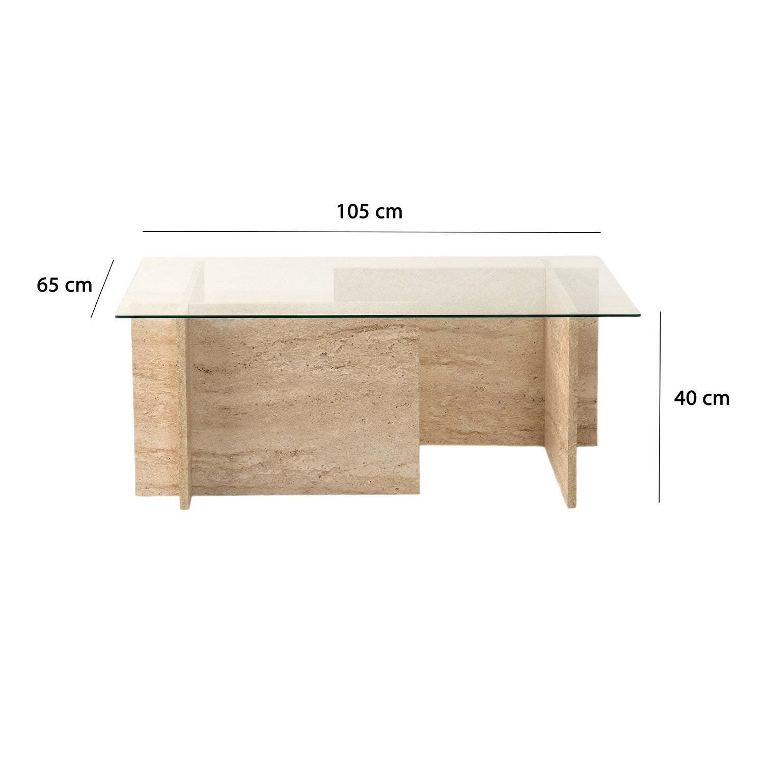 Table basse design Kinda L105cm Verre Transparent et Effet travertin Beige