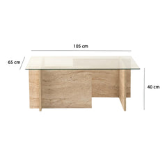 Table basse design Kinda L105cm Verre Transparent et Effet travertin Beige