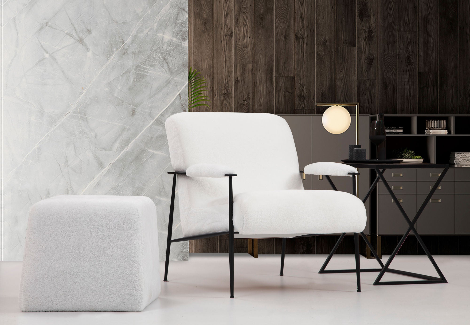 Fauteuil avec accoudoirs style moderne Carinos Fourrure Blanc et Métal Noir