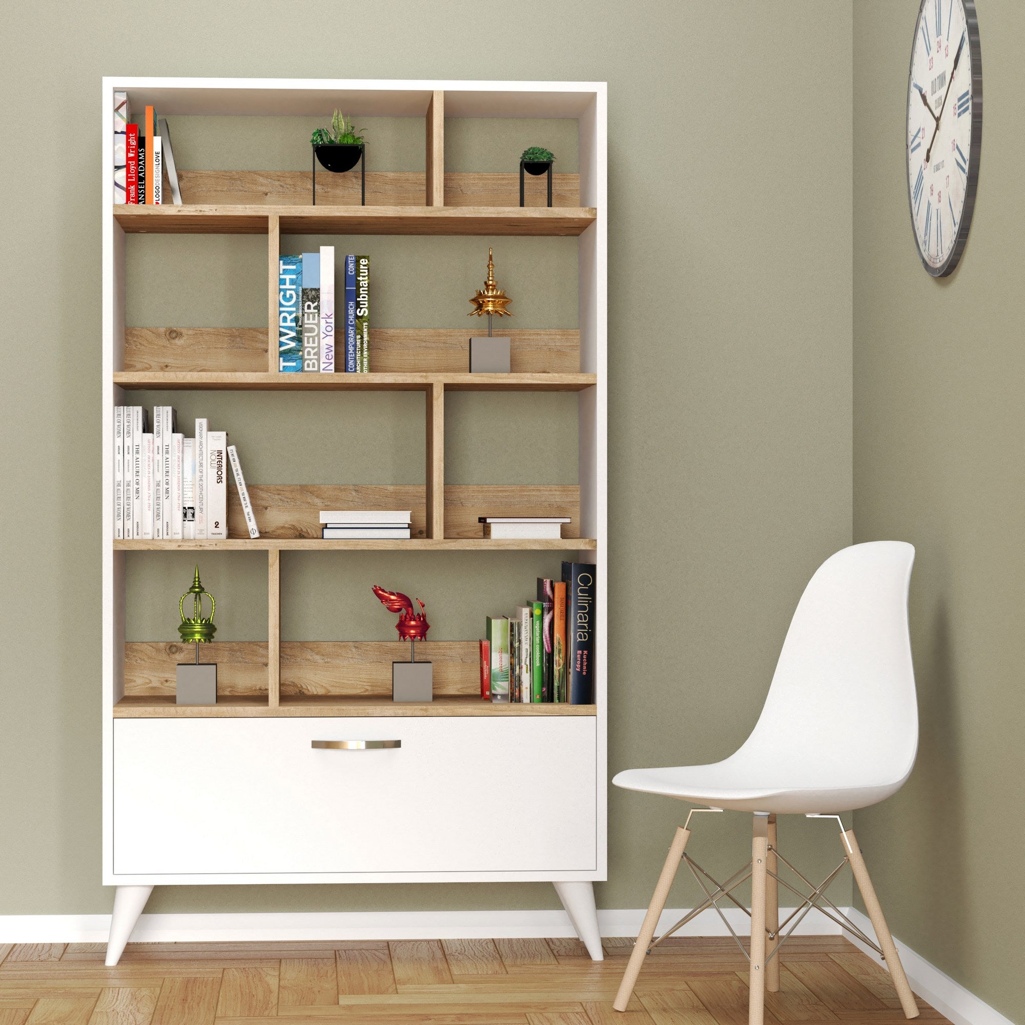 Étagère bibliothèque style scandinave 1 porte basculante Kenten L90 Blanc et Bois clair