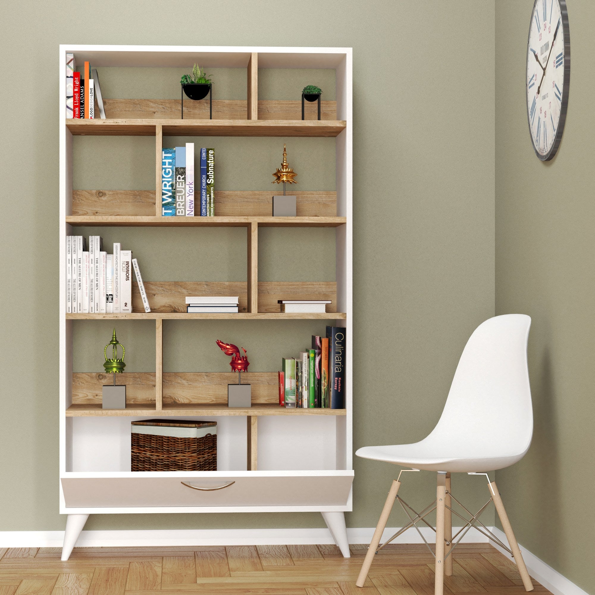 Étagère bibliothèque style scandinave 1 porte basculante Kenten L90 Blanc et Bois clair