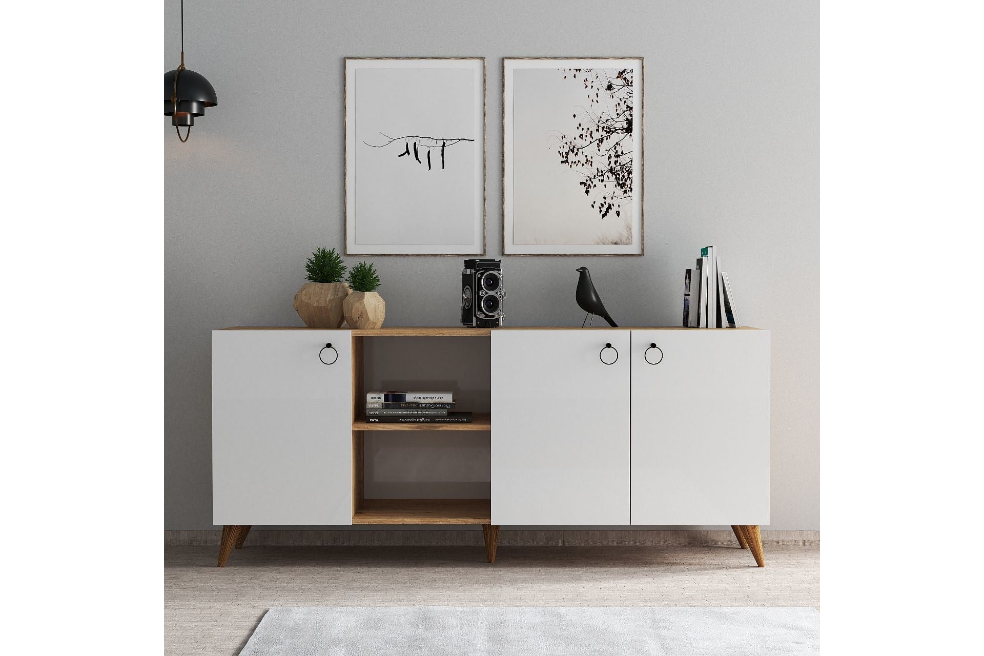 Buffet style scandinave 3 portes Kayly L180cm Blanc et Bois Naturel