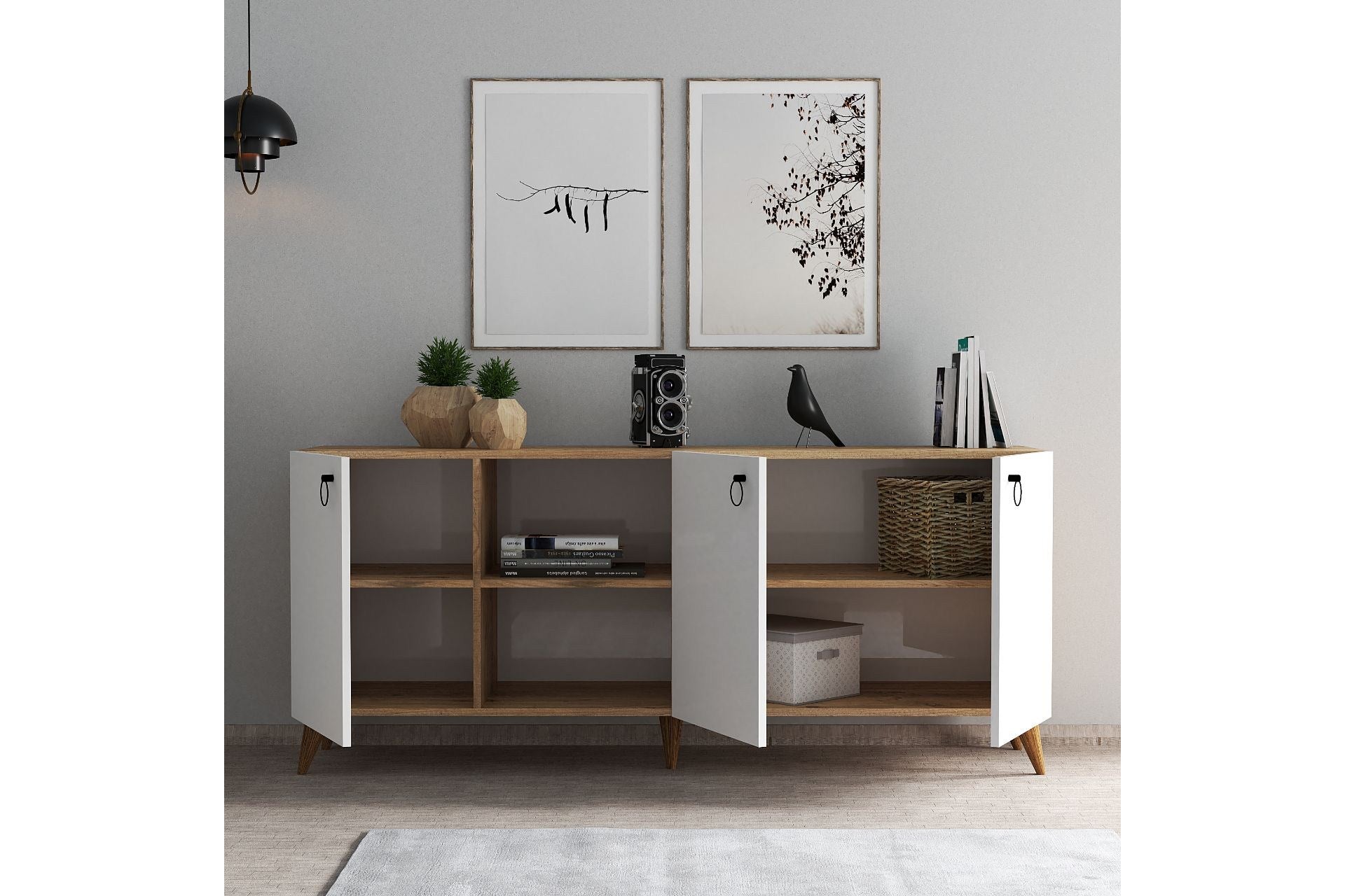 Buffet style scandinave 3 portes Kayly L180cm Blanc et Bois Naturel