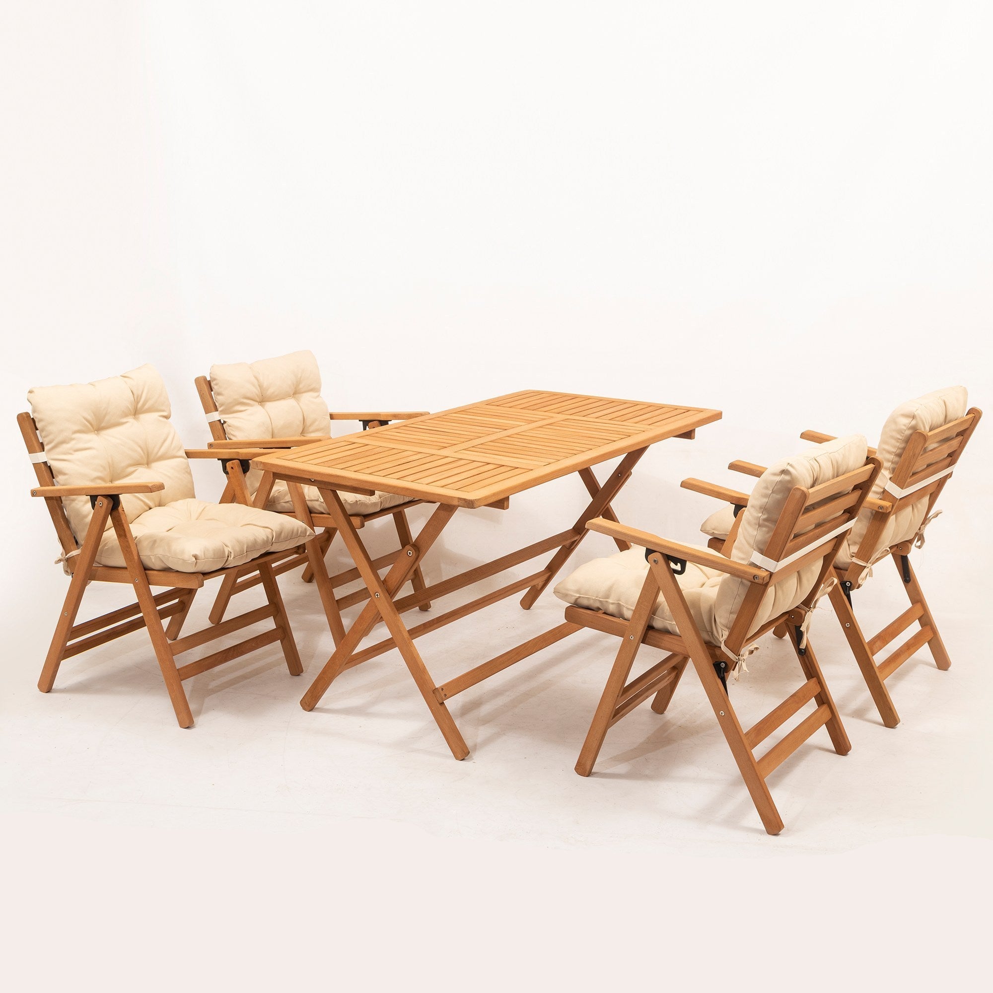 Ensemble de table et 4 fauteuils de jardin pliables Jasperito Hêtre massif naturel et Tissu Beige