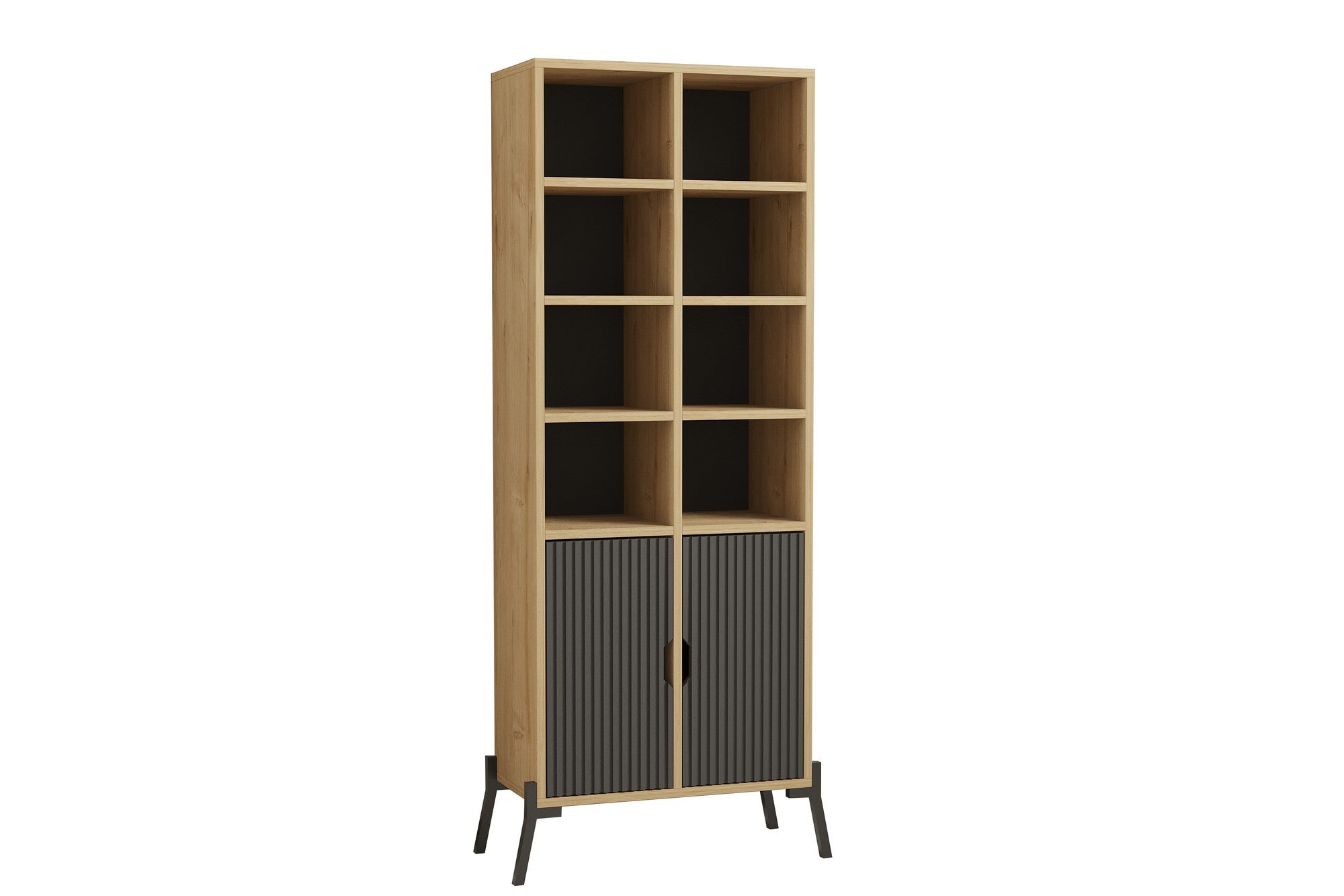 Bibliothèque 2 portes et 8 compartiment Naoki L58,6xH160cm Chêne et Anthracite