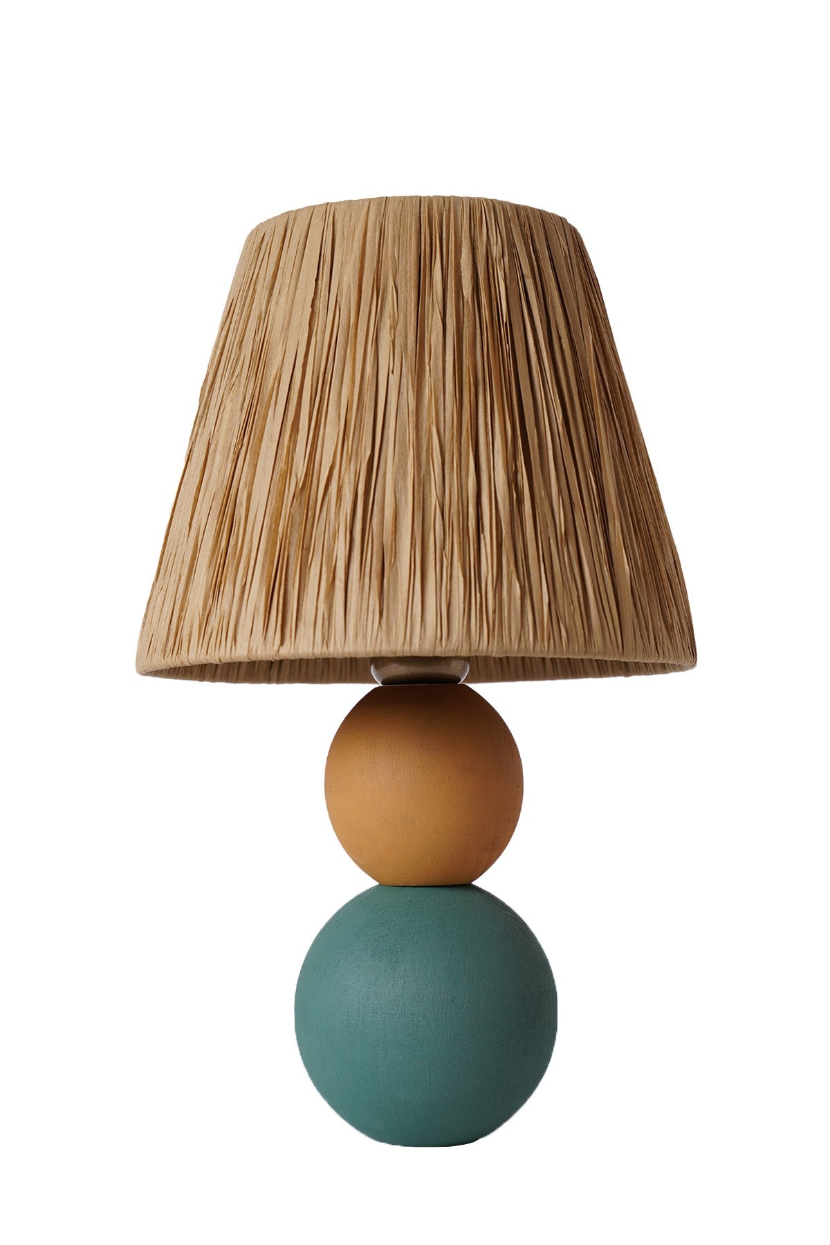 Lampe à poser design Bolema D20cm Raphia Marron clair et Bois Orange et Vert