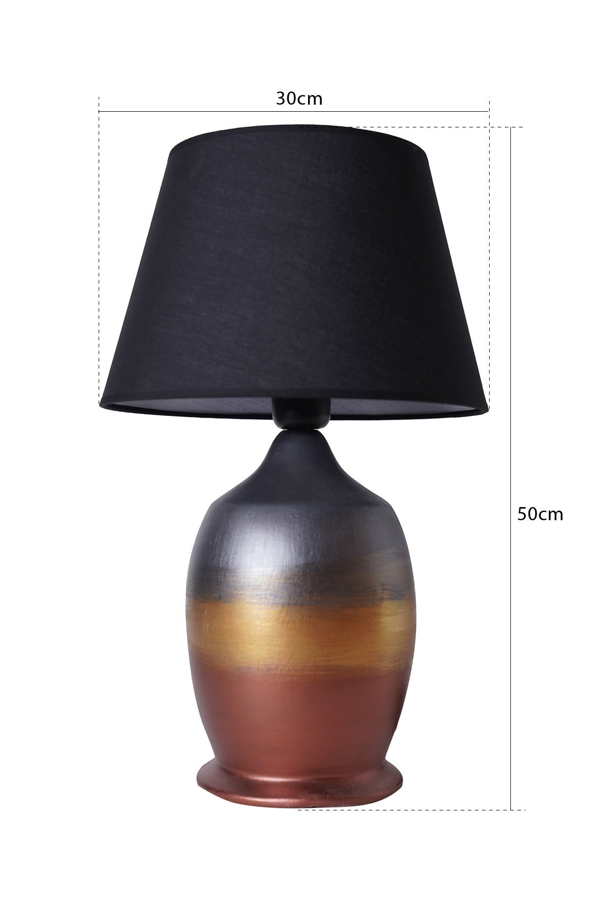 Lampe à poser design Clegane D30cm Tissu Noir et Céramique Gris foncé, Or et Rouge brique