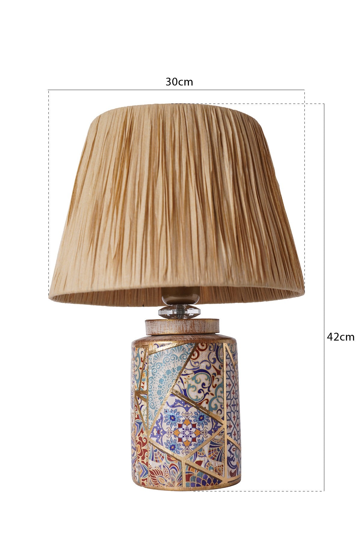 Lampe à poser design Marza D30cm Raphia Beige et Céramique Motif faïence Multicolore