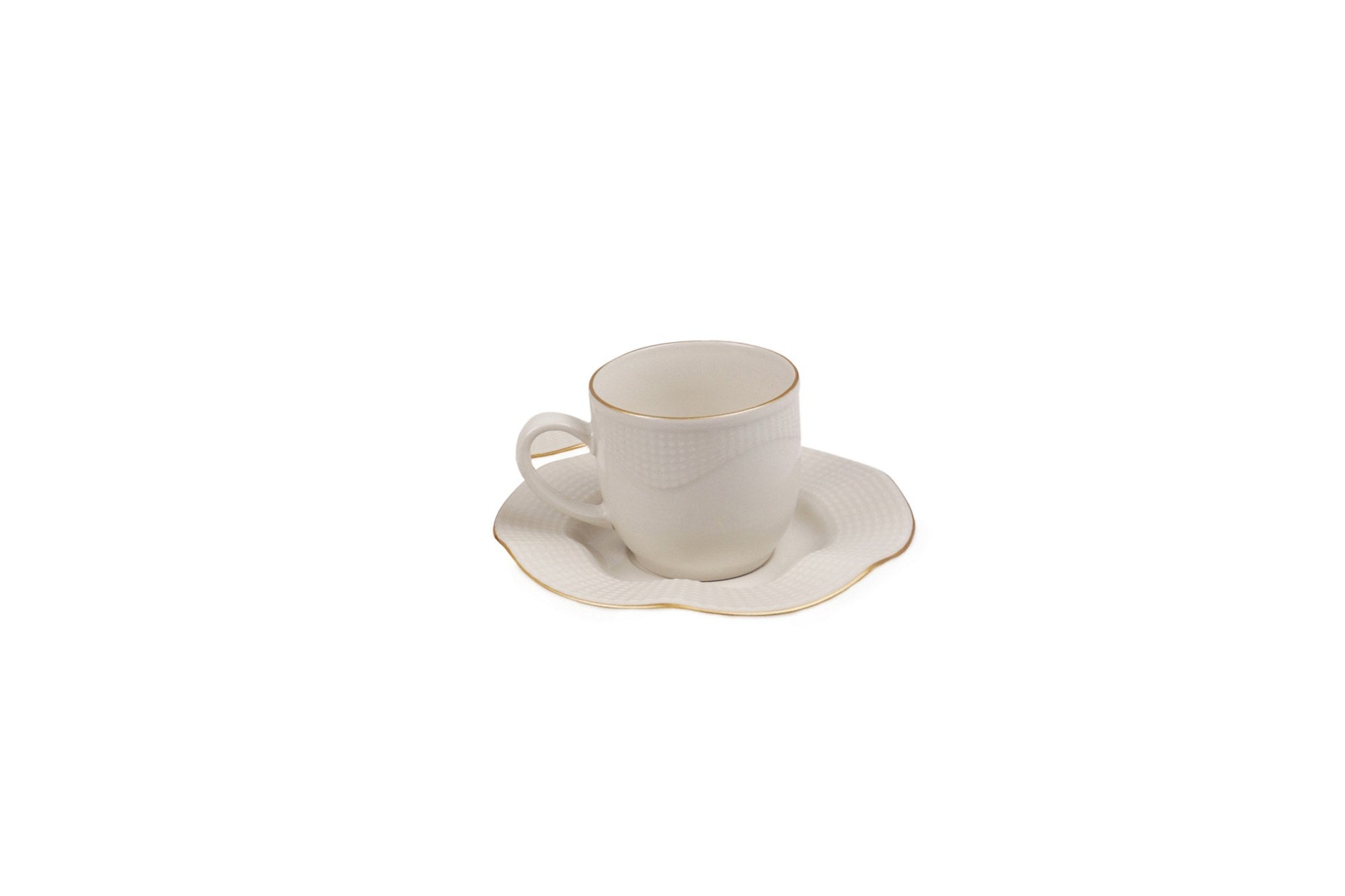 Lot de 6 tasses de café avec sous-tasses Campari 100% Porcelaine Blanc crème bordure pliée avec écaille lisère Or