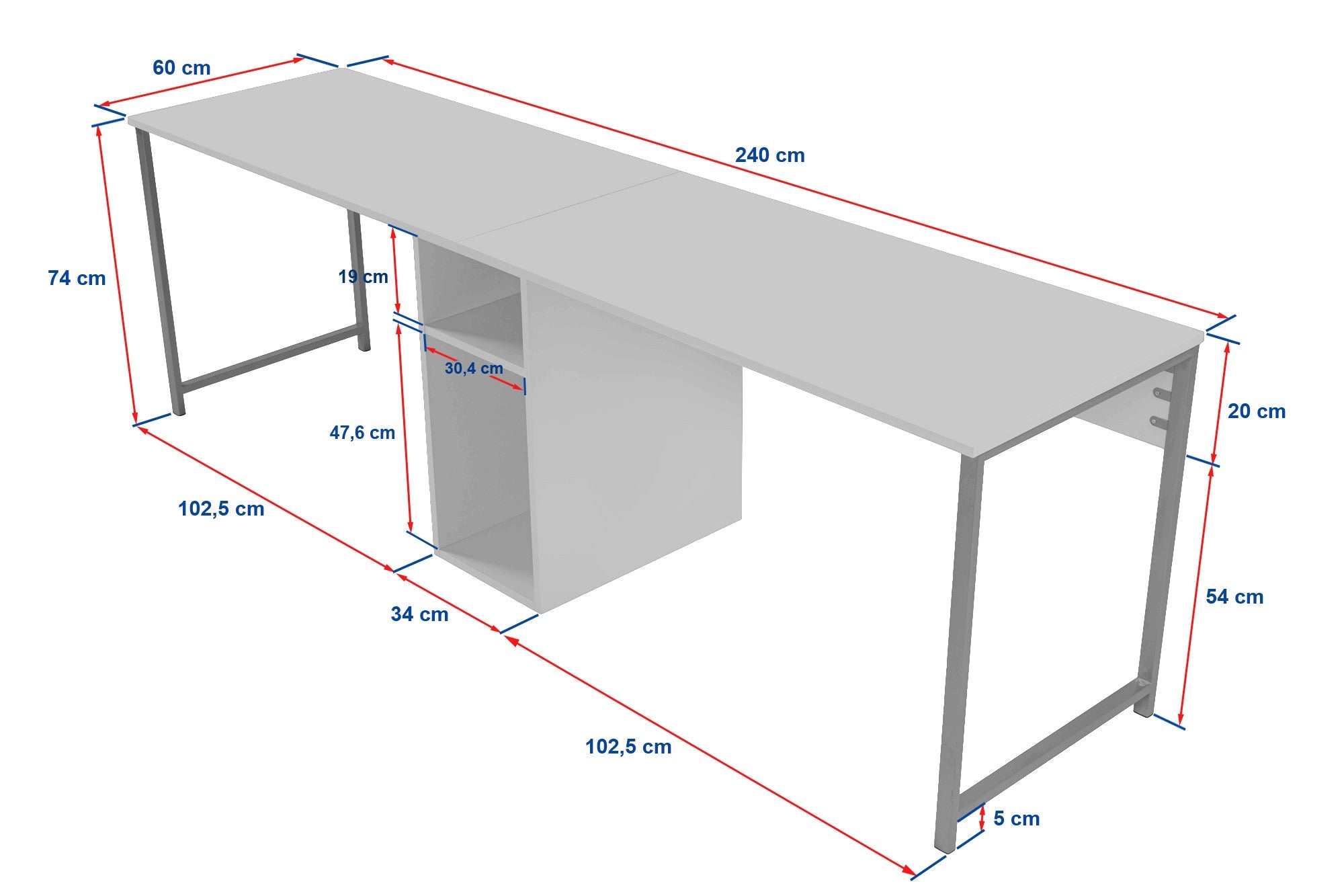 Bureau double avec rangement kasto L240xH74cm Bois Effet marbre et Métal Noir