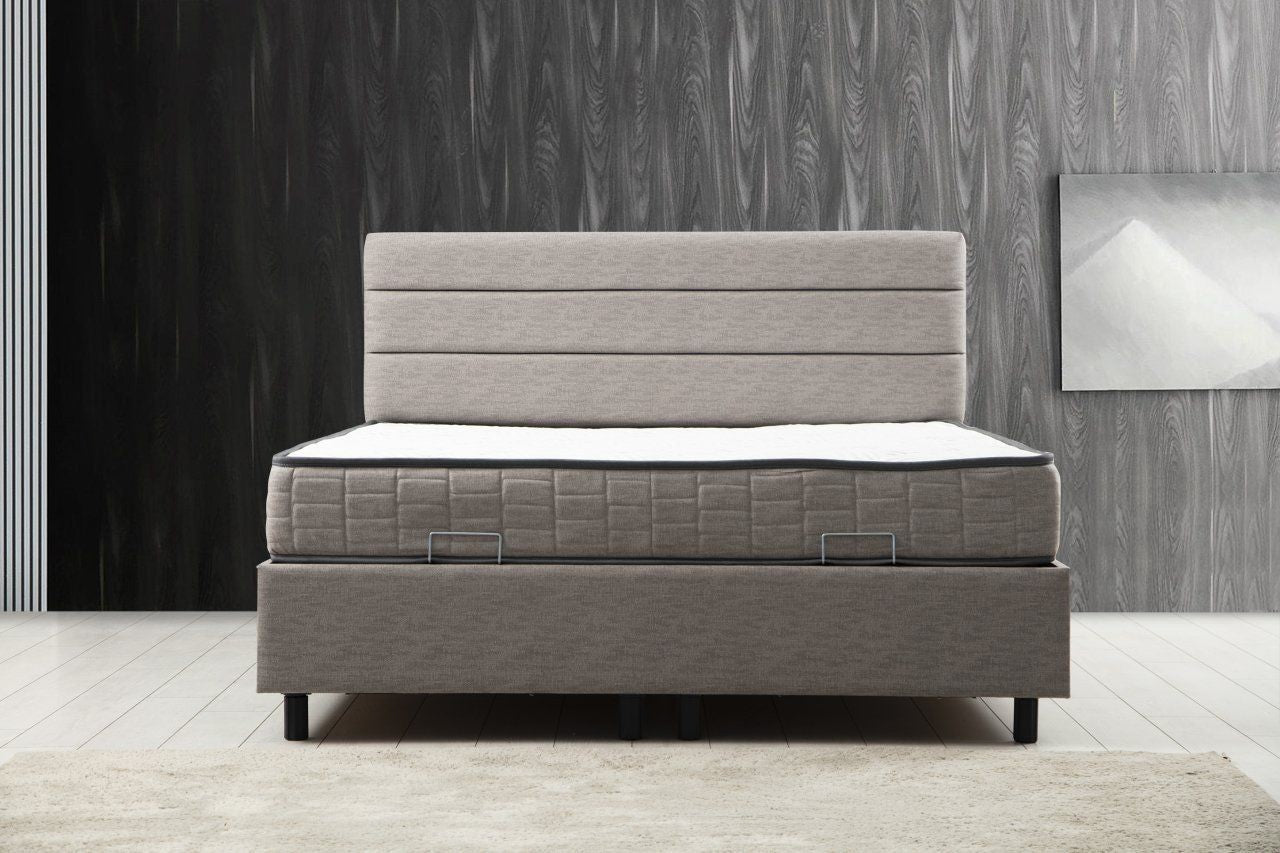 Lit double à sommier relevable Volka Velours Gris clair avec matelas orthopédique 140x200cm à ressort ensachés