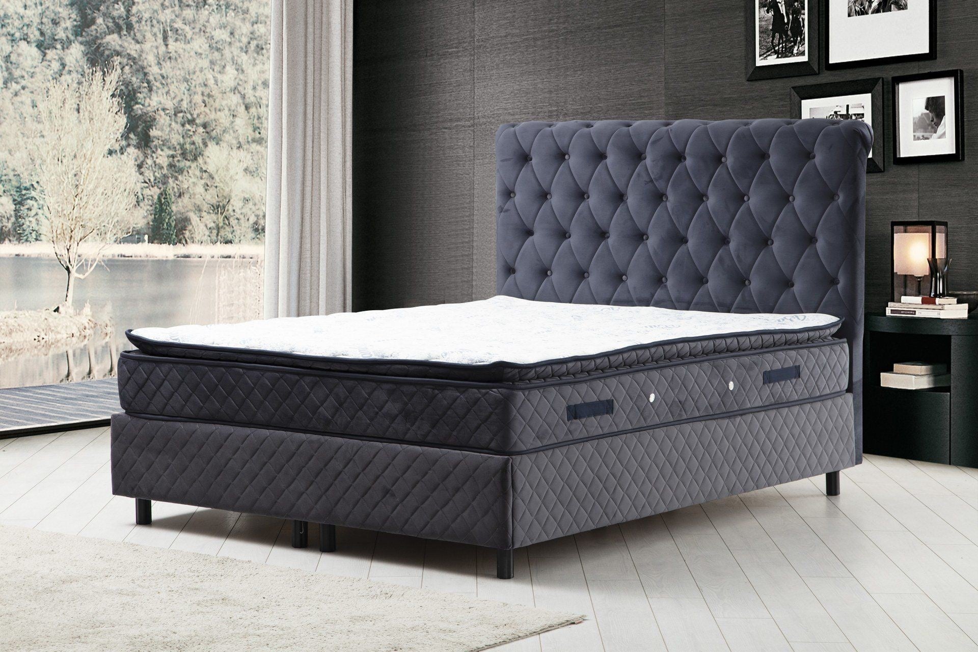 Lit double Gauto Velours Anthracite avec matelas 140x200cm Waterproof à ressort ensachés et surmatelas mousse intégré