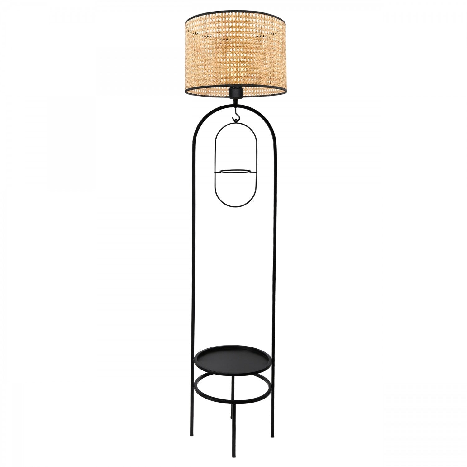 Lampadaire design LED avec table d'appoint et porte pot intégrés Grimo H145cm Abat jour à cannage Rotin Beige et support Métal Noir