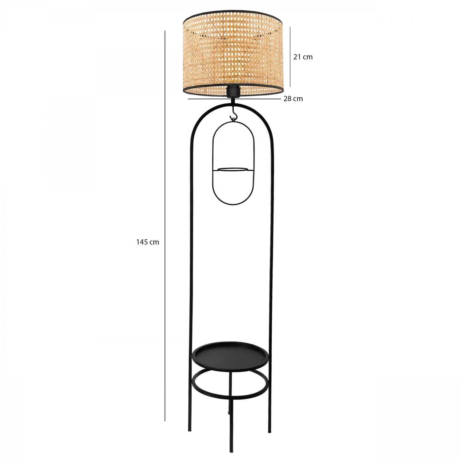 Lampadaire design LED avec table d'appoint et porte pot intégrés Grimo H145cm Abat jour à cannage Rotin Beige et support Métal Noir