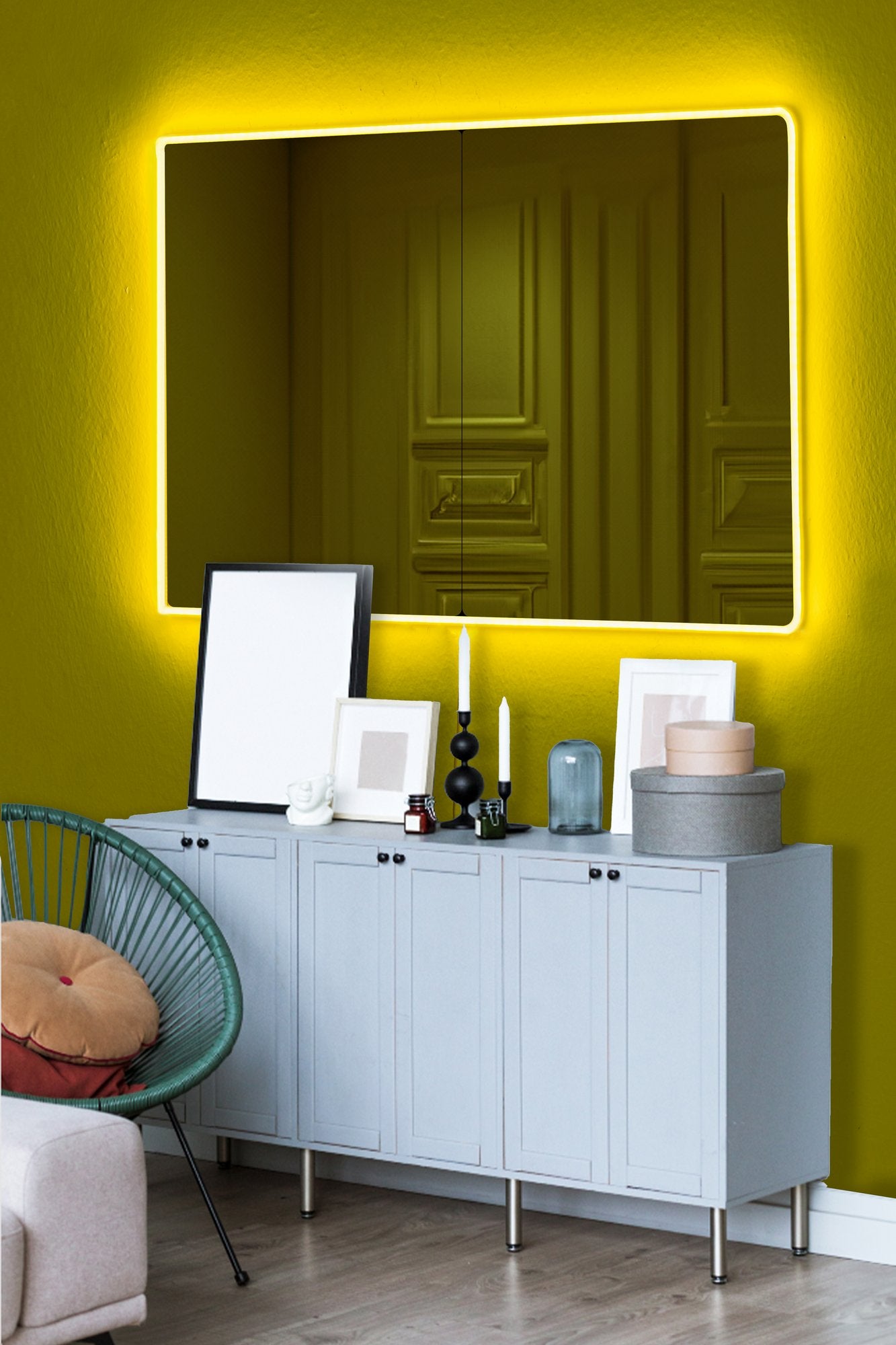 Lot de 2 miroirs lumineux Klarra L60xH80cm Bande néon LED Jaune