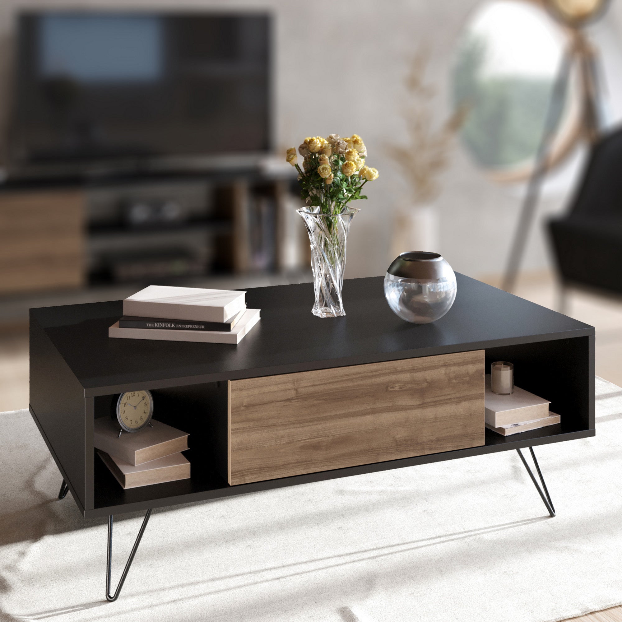 Table basse style industriel 1 porte Erva L120cm Bois foncé et Noir