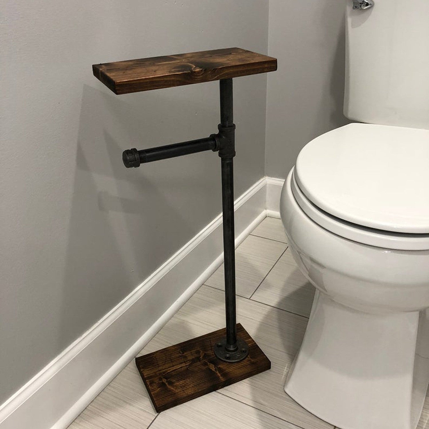 Porte papier toilette avec étagère Ono L30xH65cm Bois foncé et Métal Noir