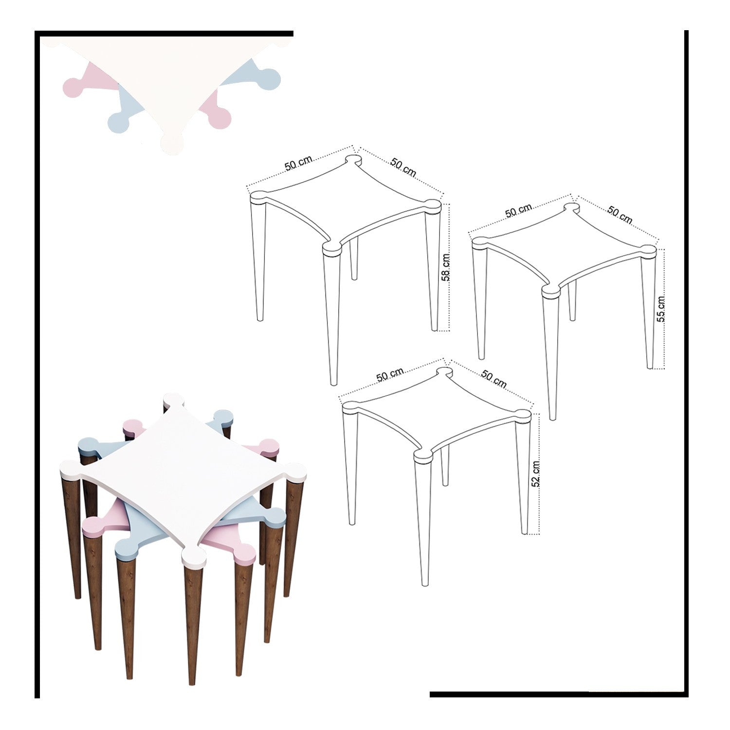 Lot de 3 tables basses gigognes design Lawn Plateau Bois laqué Blanc, Bleu et Rose Pieds Bois foncé