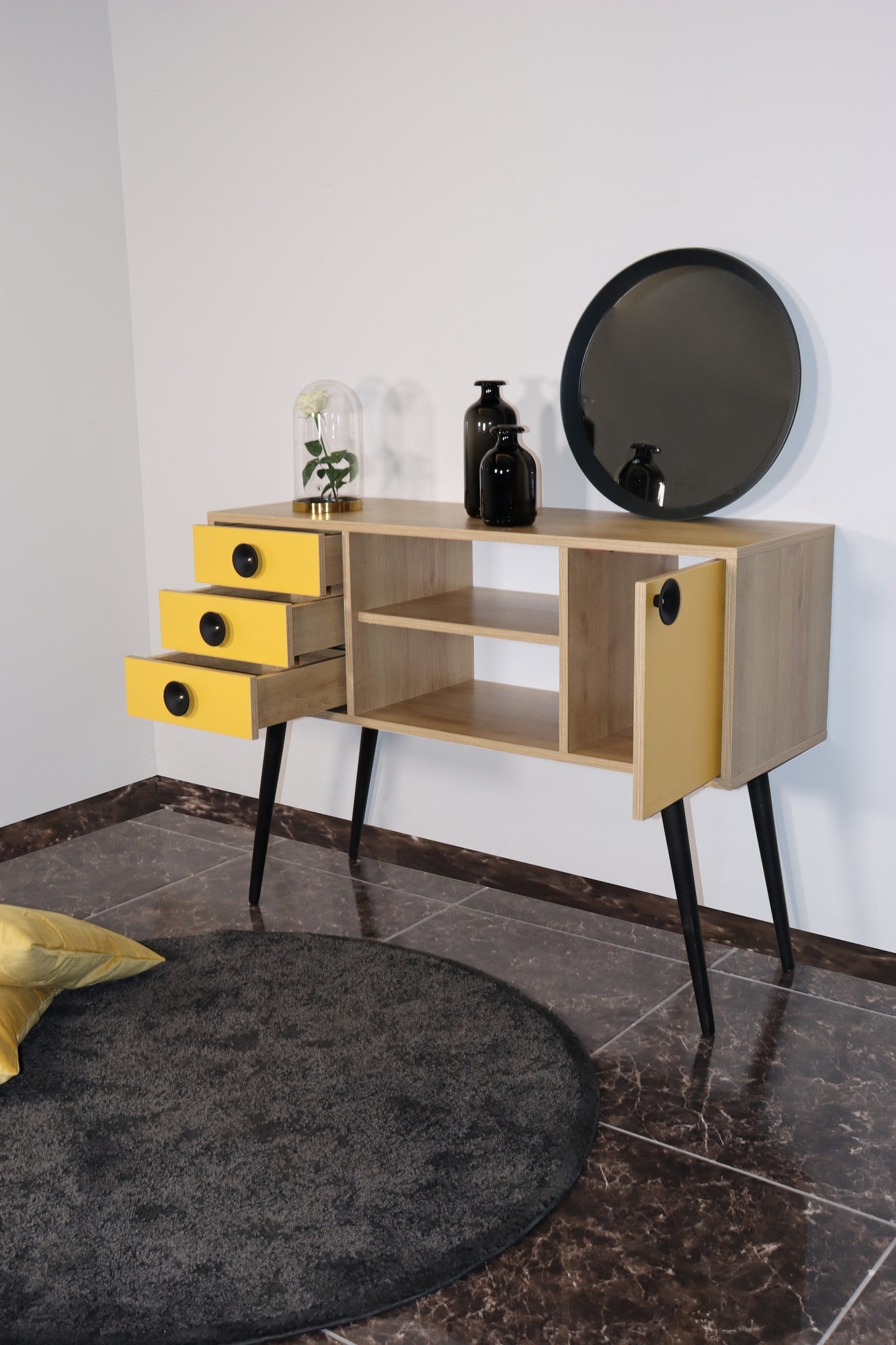 Buffet style scandinave Verena 1 porte et 3 tiroirs Jaune et Chêne clair