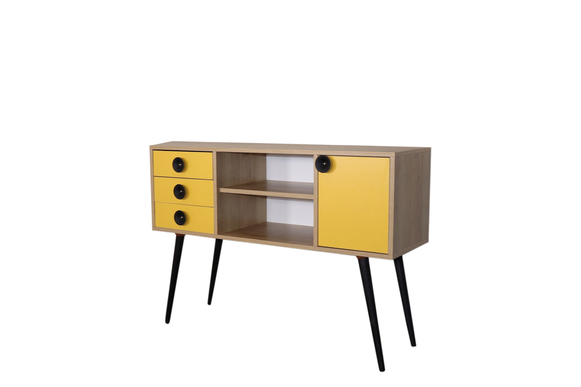 Buffet style scandinave Verena 1 porte et 3 tiroirs Jaune et Chêne clair