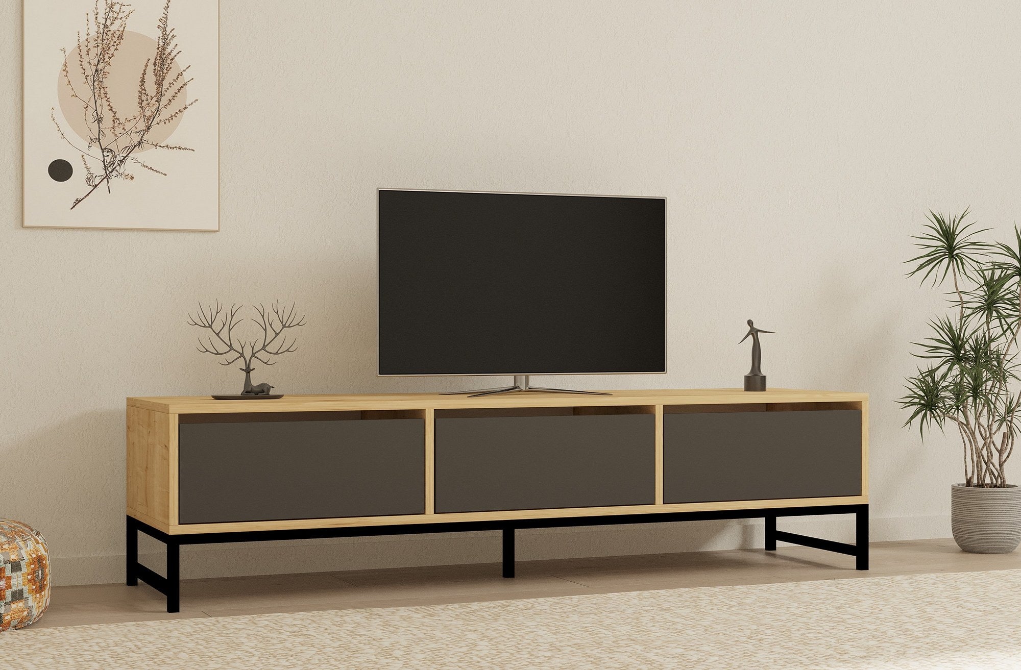 Meuble Tv Tario L160cm Bois clair et Anthracite