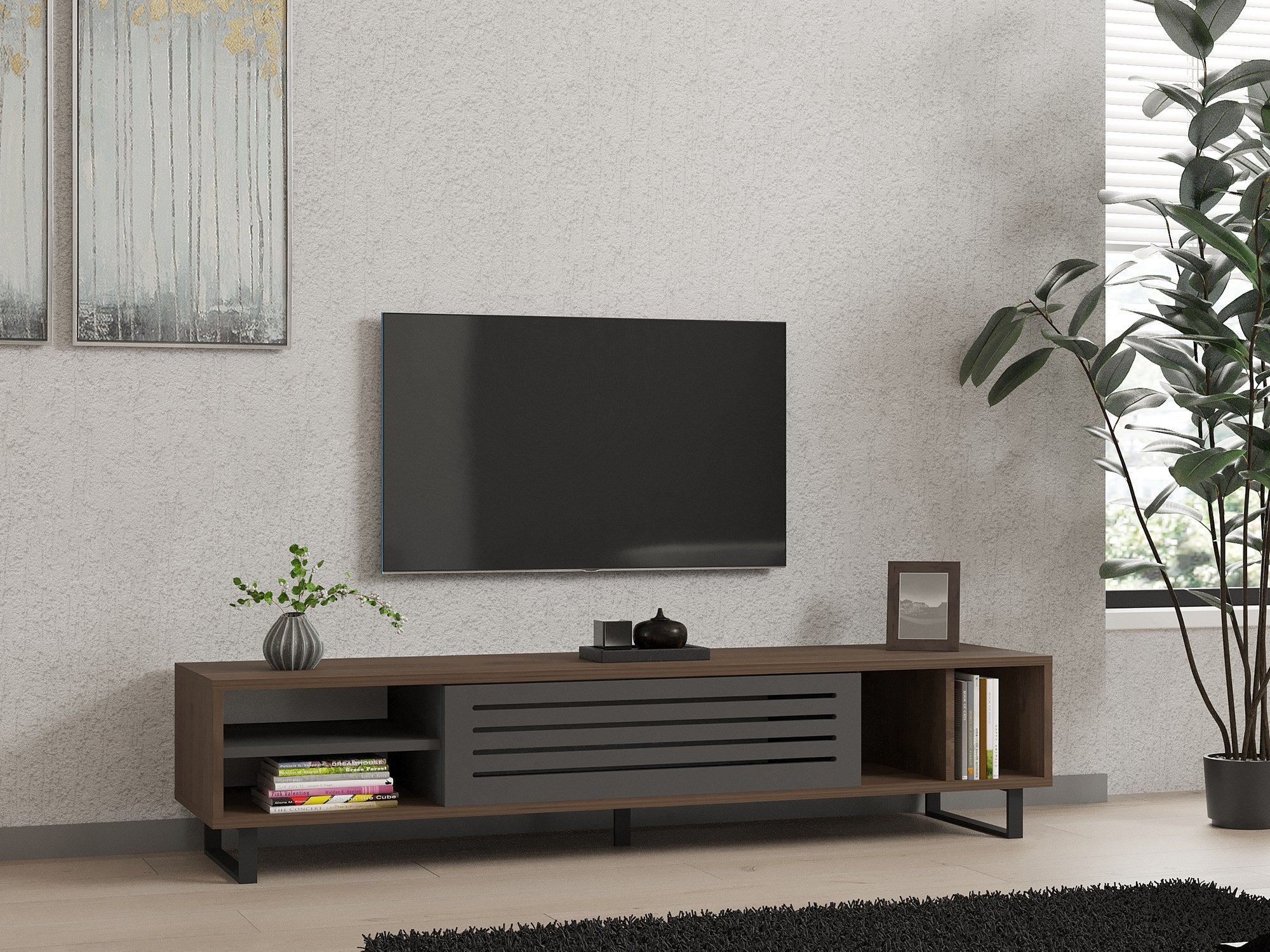 Meuble TV Vadomi L160cm Bois foncé et Anthracite