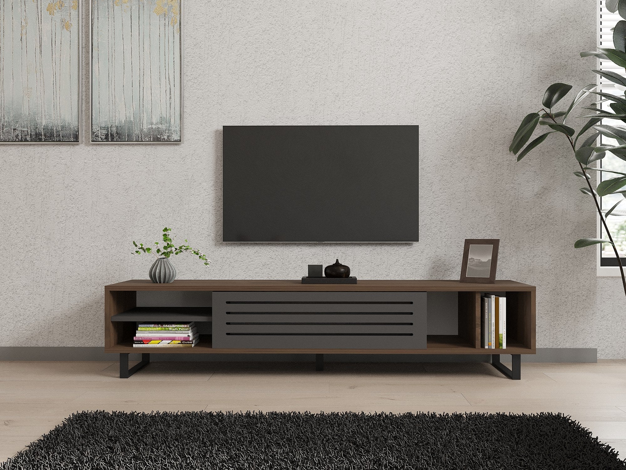 Meuble TV Vadomi L160cm Bois foncé et Anthracite