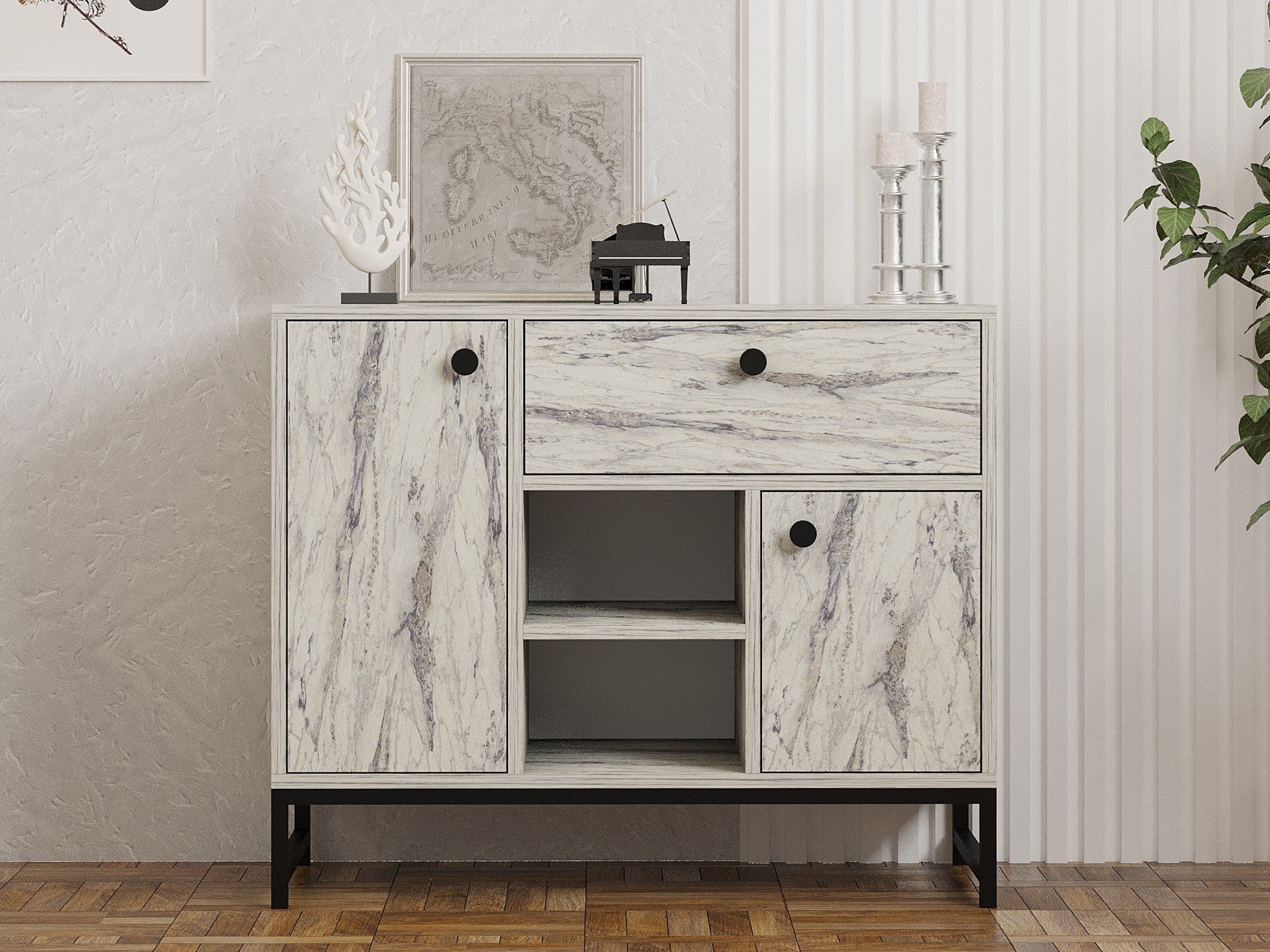 Buffet moderne 2 portes et 1 tiroir Elssa L90cm Effet marbre Blanc et Noir