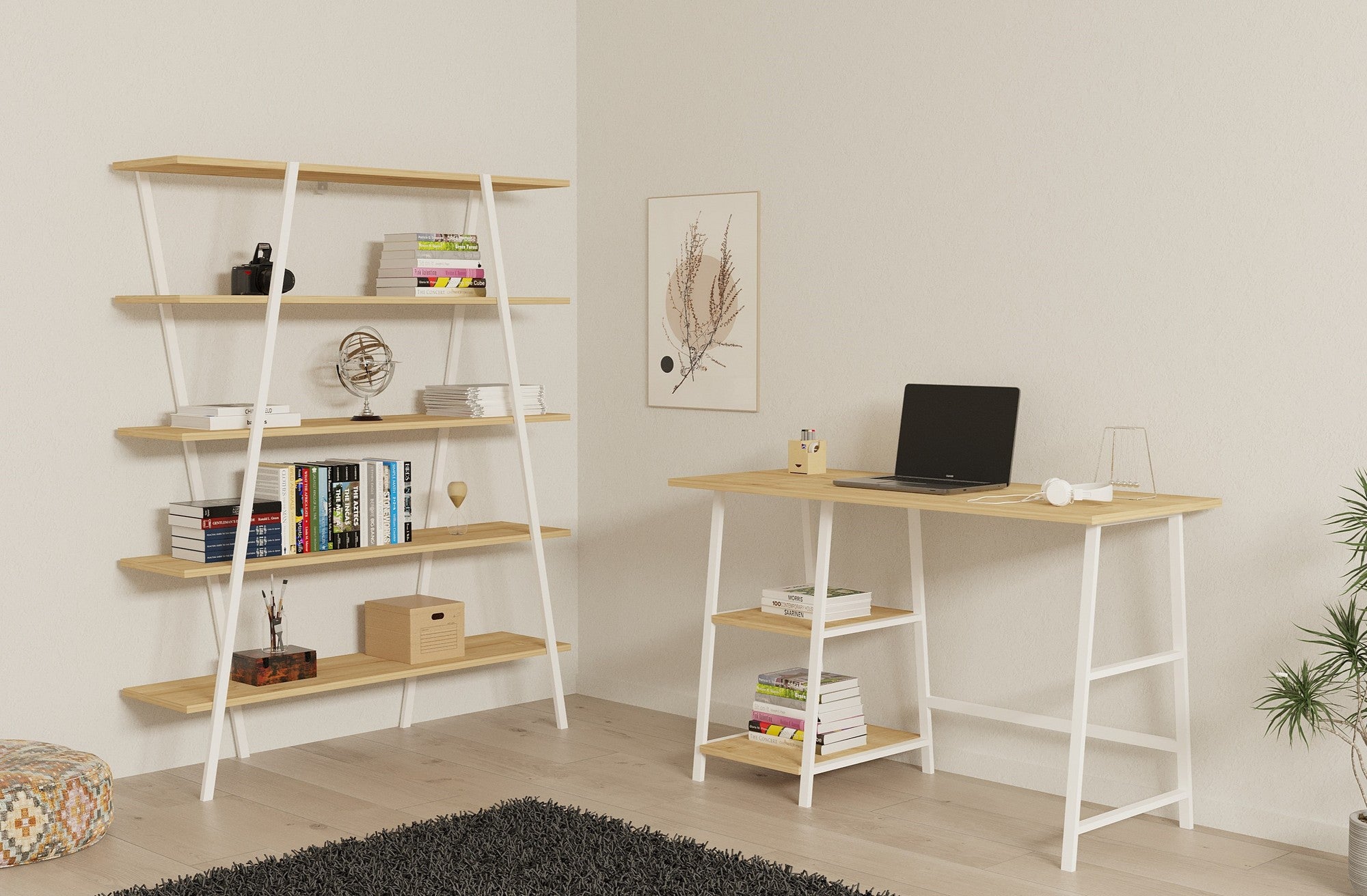 Ensemble bureau et bibliothèque Laysa Bois clair et Métal Blanc