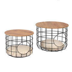 Lot de 2 tables basses, paniers avec couvercles amovibles Laca Métal Bois Naturel et Métal Noir